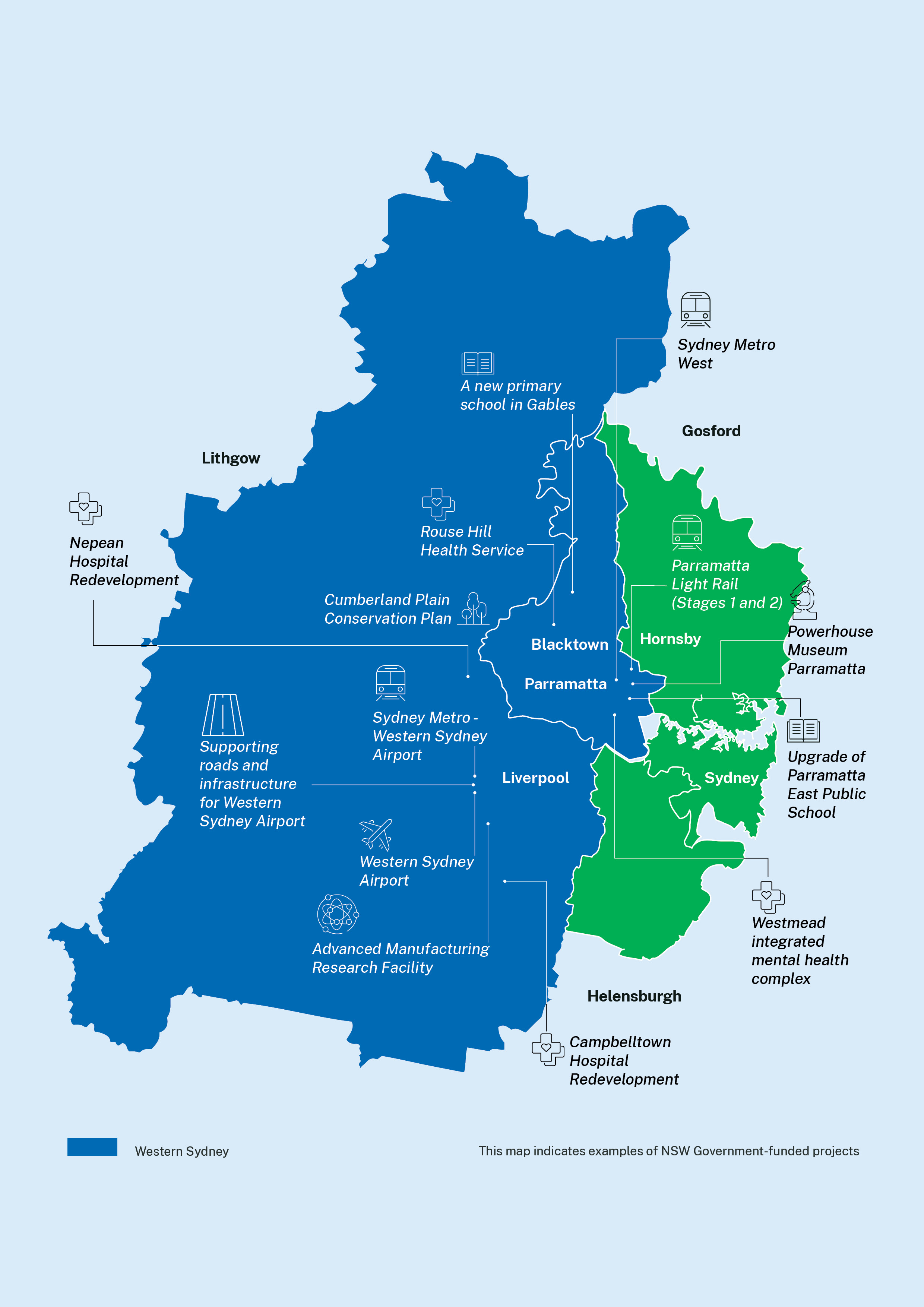 Map of Sydney indicating examples of NSW Government funded projects