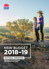 Front cover of NSW Budget 2018-19 Regional Overview - image of mother and daughter standing on rock cliff overlooking Broken Hill landscape