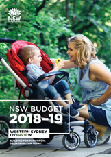 Front cover of NSW Budget 2018-19 Western Sydney Overview - mother connecting with young toddler boy in stroller